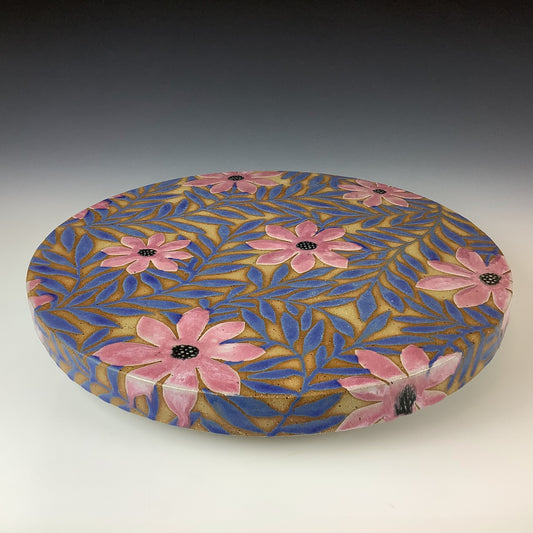 Ruth Easterbrook - Large Hanging cakeplate blue leaves with pink glossy flowers EAST28