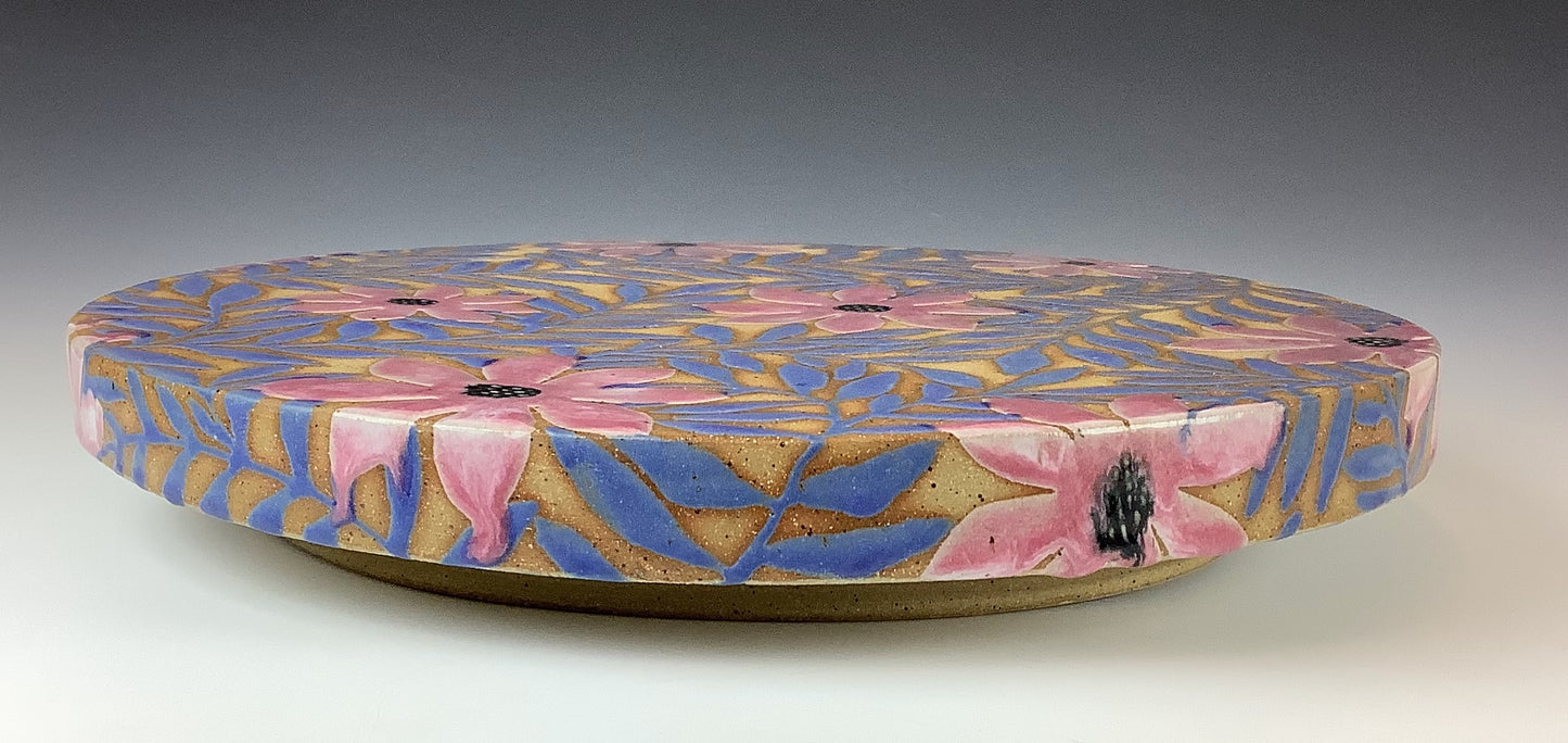 Ruth Easterbrook - Large Hanging cakeplate blue leaves with pink glossy flowers EAST28