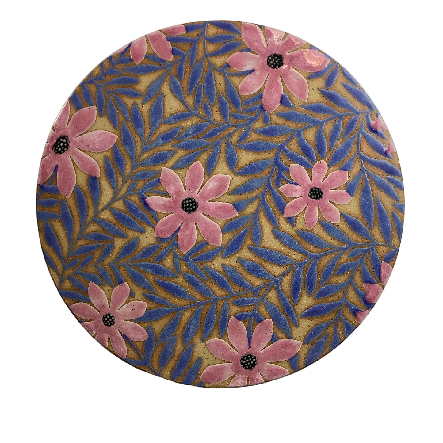 Ruth Easterbrook - Large Hanging cakeplate blue leaves with pink glossy flowers EAST28