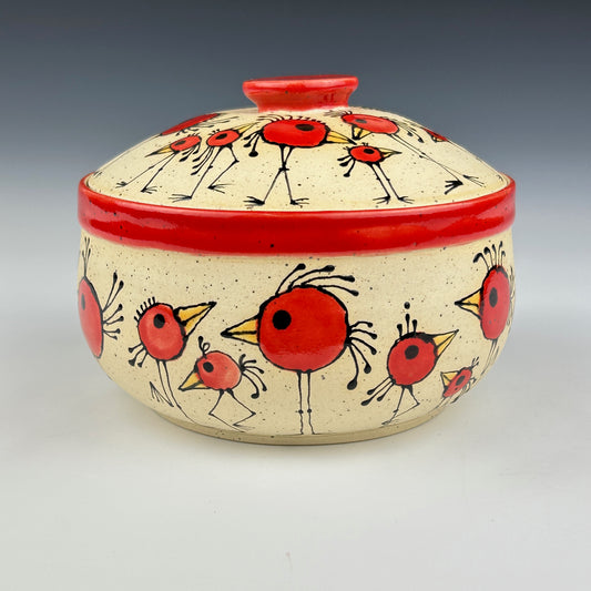 Margery Rose - Lidded Red Birdy dish - red interior #3