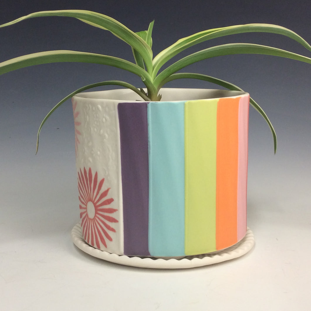 Kelly Justice Small Planter Set - Rainbow Stripes and Pinwheels with Galaxy Dish #213